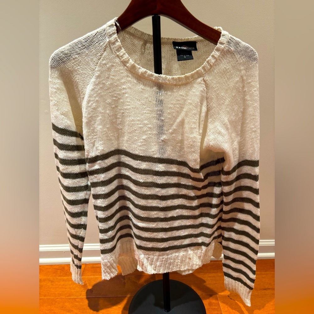 It’s Our Time Striped Sweater Junior Small White olive Lightweight KnitPullover